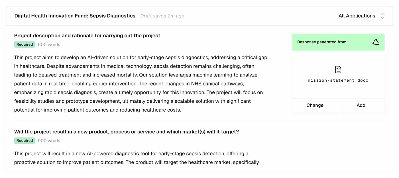 Ailsa product interface where the team writes, packages and submits a funding application end to end