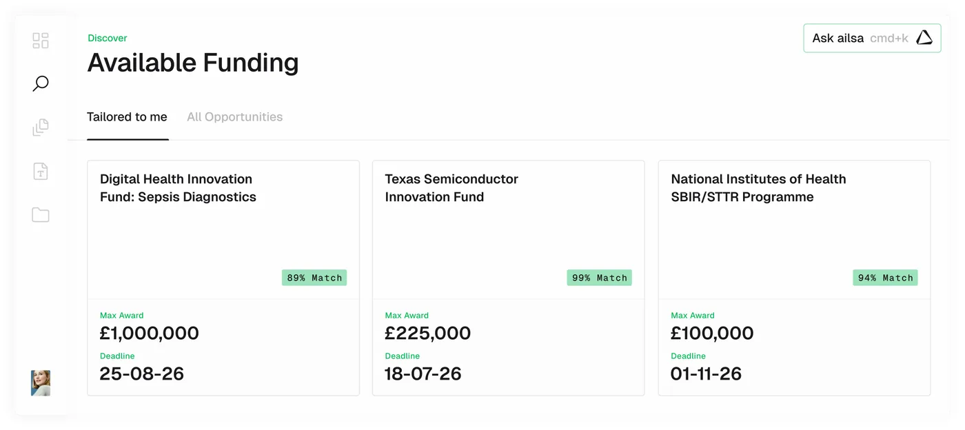 Ailsa product interface discovering and matching grants, loans and accelerators to your mission and stage